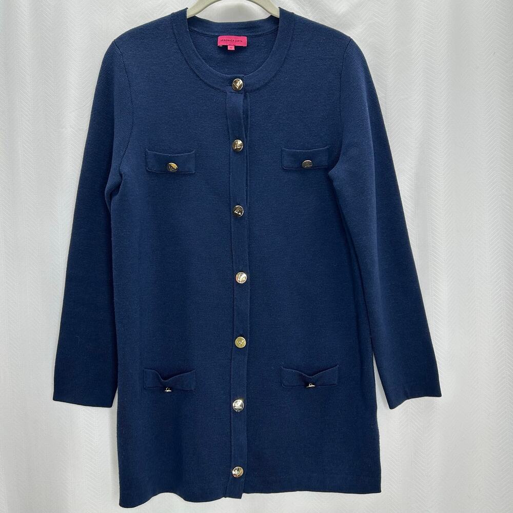 Veronica Virta blue 100% wool lady jacket sweater cardigan medium classic preppy